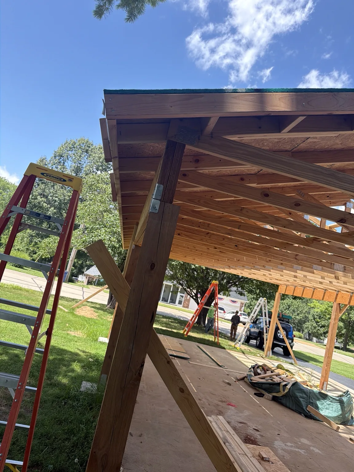 Close view of timber patio cover framing