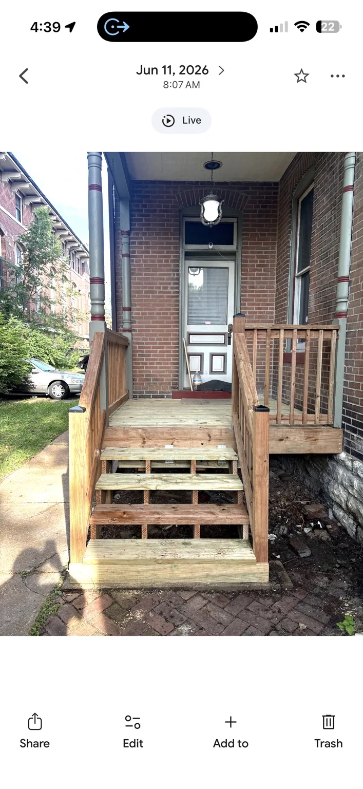Wood entry stairs and railings